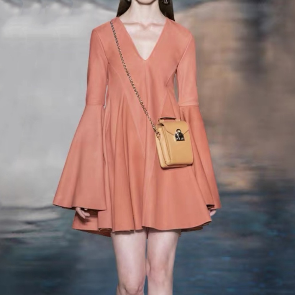V neck suede dress with flared sleeves